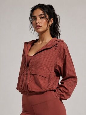 Athleta Womens Hooded Full Zip Jacket Pockets Brown Grid Relaxed Short
